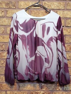 Abstract Plum and Cream Long-Sleeve Sheer Blouse Elastic Hem Stretch One Size